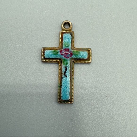 Vintage Blue Enamel Handpainted Floral Cross - Picture 3 of 14